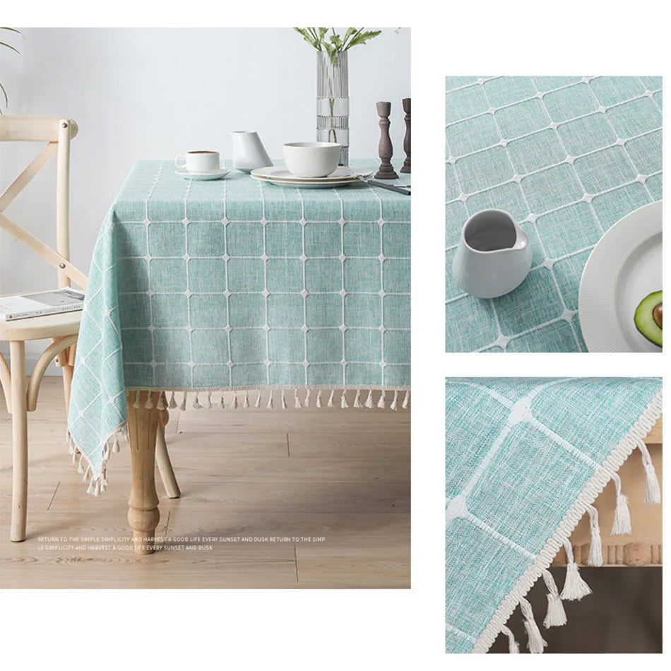 Textured Jacquard Checkered Tablecloth with Tassels | Cotton-Linen Winter Table Cover