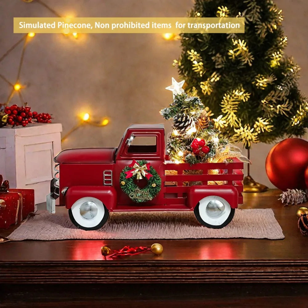 Red Christmas Truck with Tree & Warm White Twinkling Lights – Festive Farmhouse Holiday Decoration