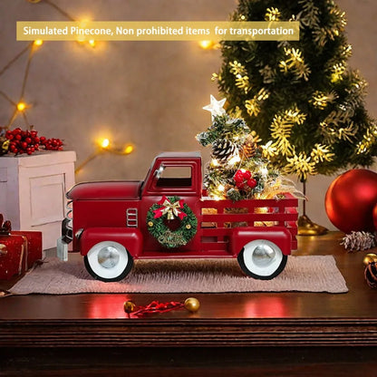 Red Christmas Truck with Tree & Warm White Twinkling Lights – Festive Farmhouse Holiday Decoration