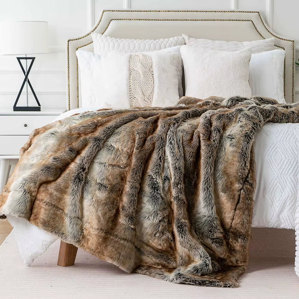 Luxury Faux Fur Blanket – Fluffy Plaid Throw, Thick Warm Winter Sofa Blanket, Plush Bed Throw