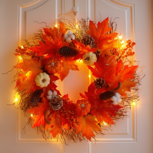 A glowing autumn wreath decorated with maple leaves, pumpkins, pinecones and berries, hanging on a white door with soft golden LED lights creating a warm, cosy atmosphere.