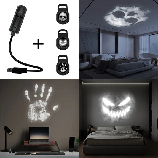 360° Rotating Skull LED Night Light with Interchangeable Faces & Palm Prints – USB-Powered Halloween Wall & Ceiling Decoration