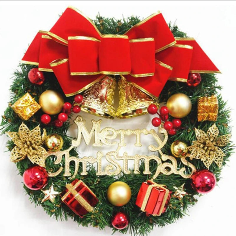 Decorative Christmas wreath with red and gold ornaments on a white background