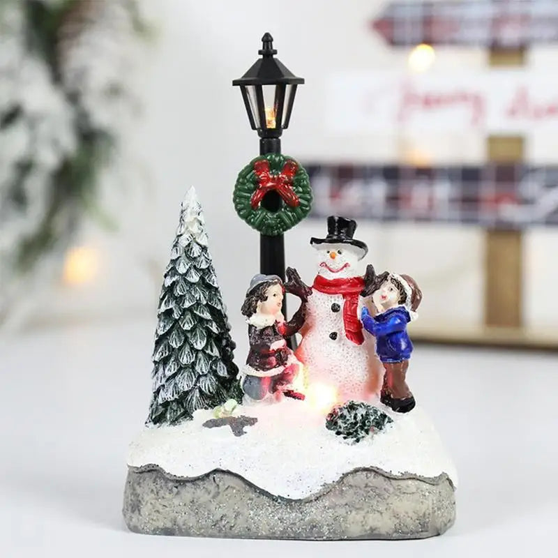 Decorative Christmas scene with children and a snowman near a lamp post.