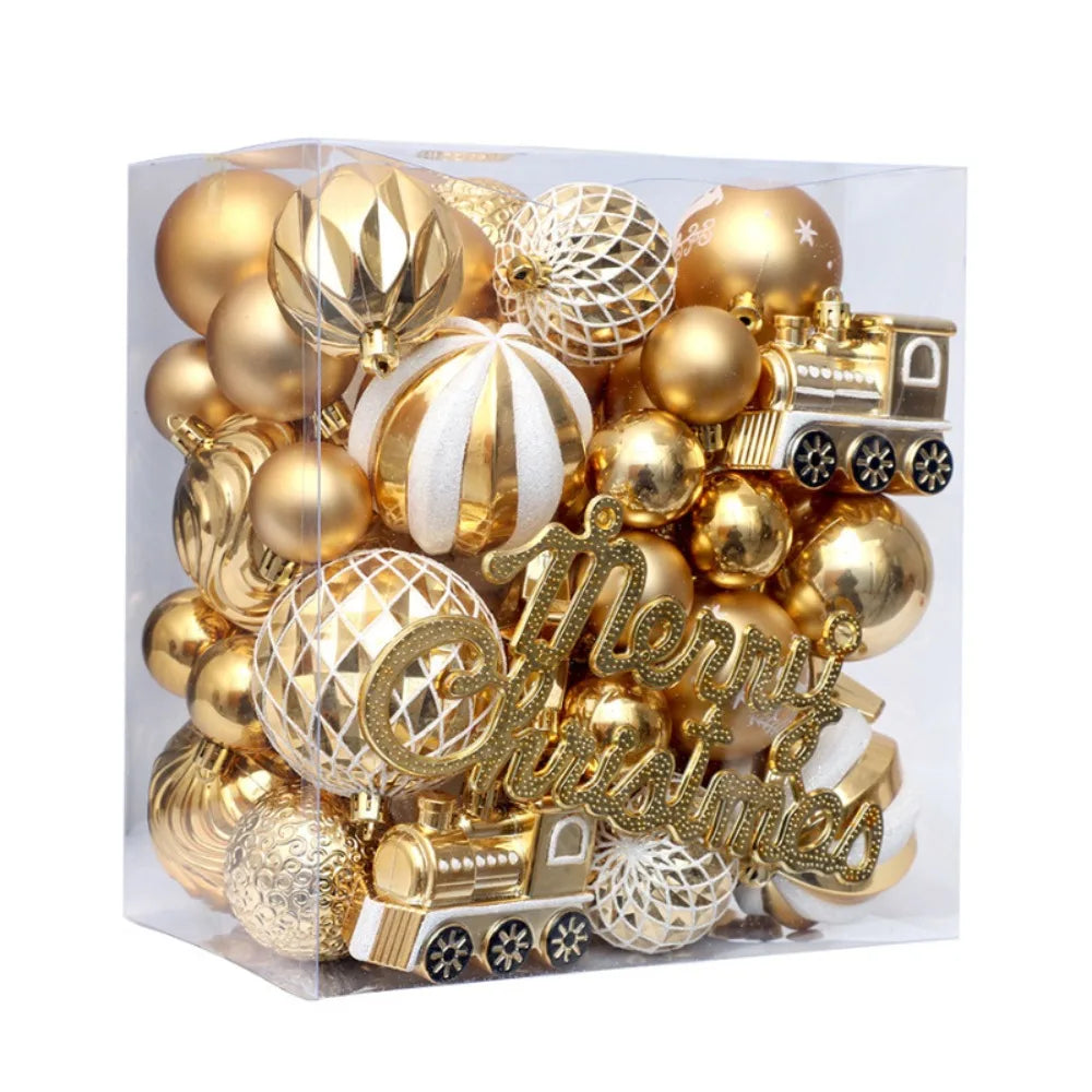 Box of gold Christmas ornaments with 'Merry Christmas' text