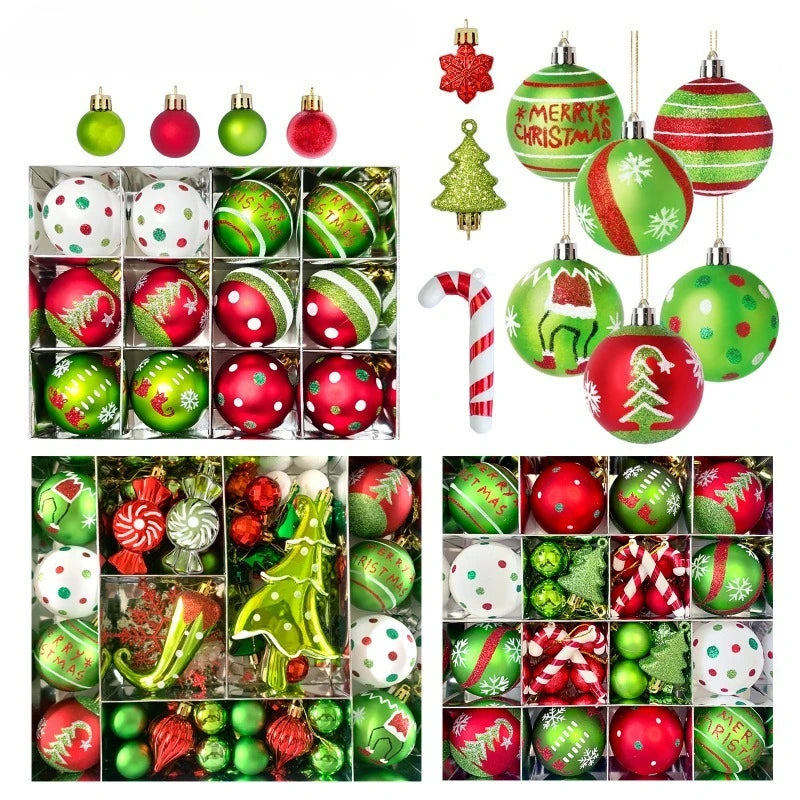 Collection of Christmas ornaments including balls, trees, and candy canes in red, green, and white.