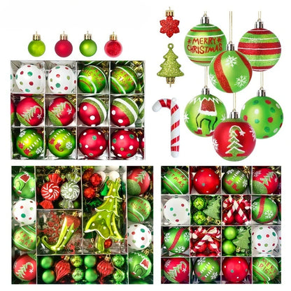 Collection of Christmas ornaments including balls, trees, and candy canes in red, green, and white.
