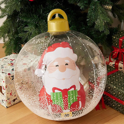 Clear Christmas ornament with Santa Claus design, surrounded by festive decorations and presents.