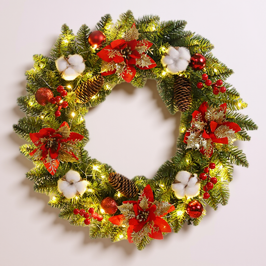 light up christmas wreath with red flowers, pinecones, cotton and berries on a soft white background, glowing with warm led lights