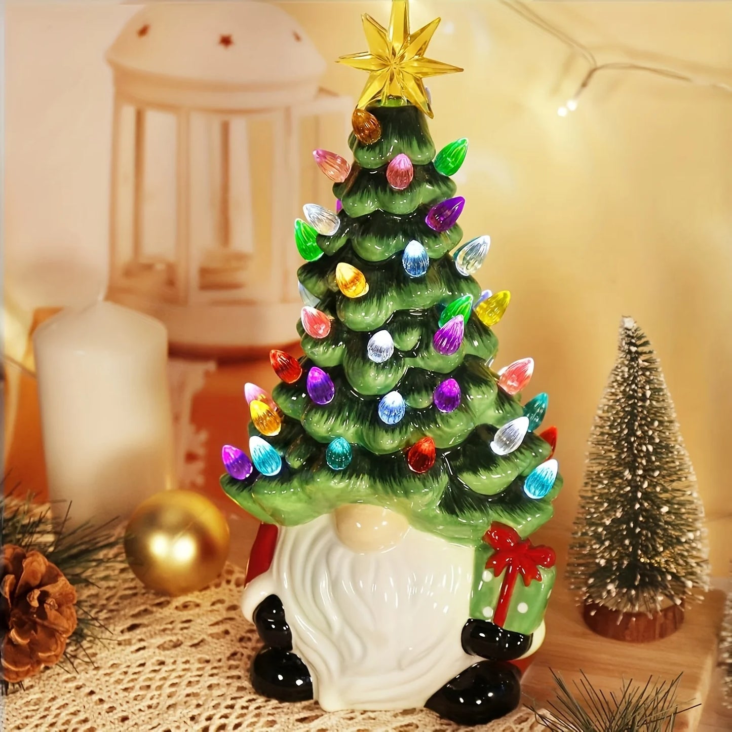 Decorative Christmas tree gnome with colorful lights and a star on top, placed on a surface with a blurred background.