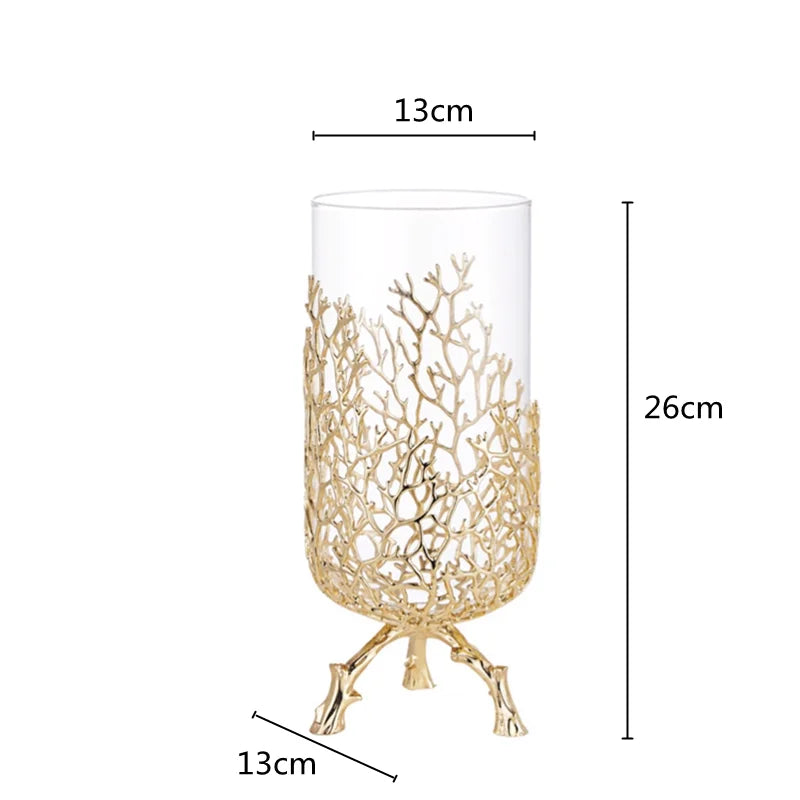 Decorative vase with gold coral design and measurements on a white background