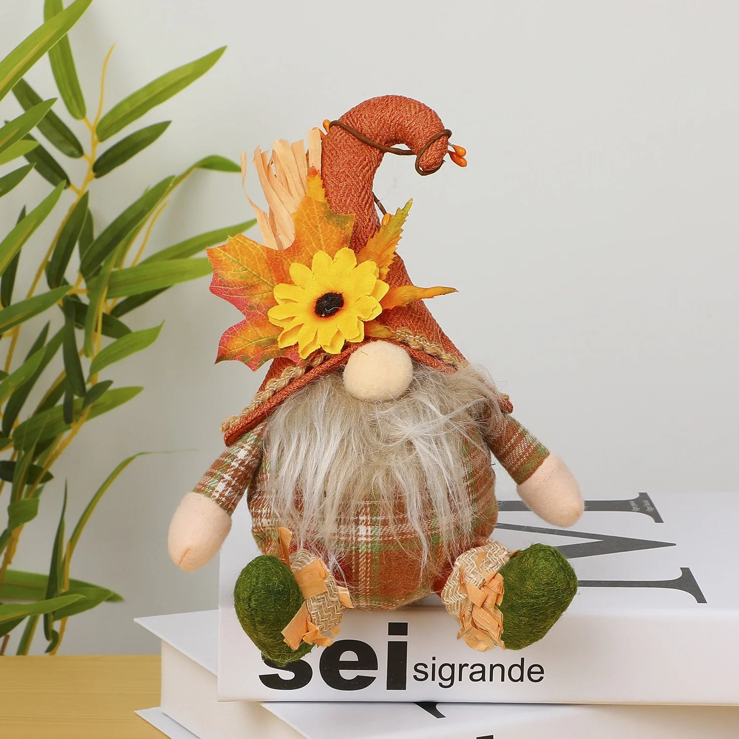 Rustic Autumn Gnome Scarecrow Harvest Décor with Plaid & Sunflowers