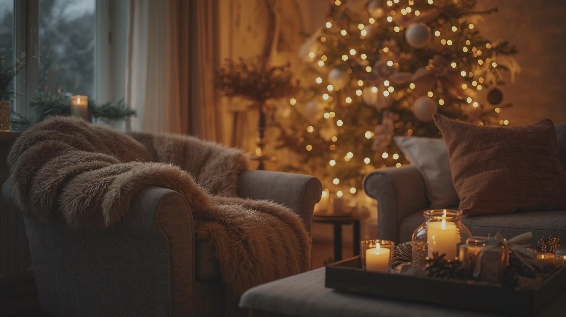 Cosy winter living room with a Christmas tree, soft faux-fur throw, glowing candles, and warm golden lights, styled by Seasonal Decor Co.