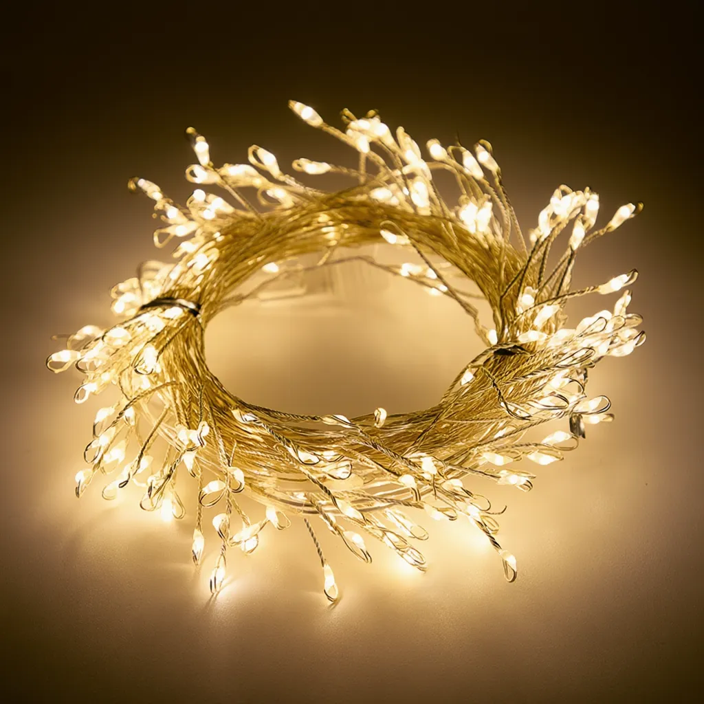 A coil of warm white fairy firecracker lights glowing softly against a golden background, creating a cosy and inviting ambience perfect for Christmas or winter home décor.